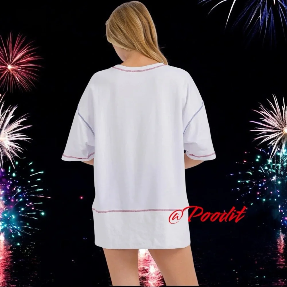 FANTASTIC FAWN sequin liberty patriotic oversized white tee S M L - Picture 3 of 9